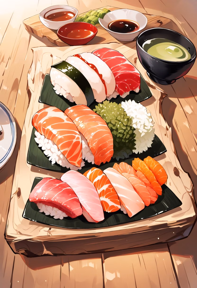 Assorted Sushi Platter — view 4 — sushi platter, assorted nigiri, wasabi, soy sauce dish, wooden board, japanese cuisine, detailed rice texture, masterpie