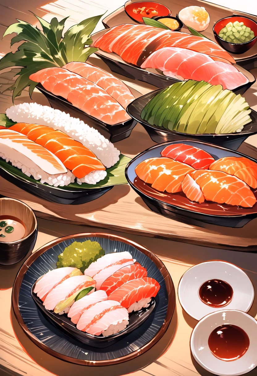 Assorted Sushi Platter — view 5 — sushi platter, assorted nigiri, wasabi, soy sauce dish, wooden board, japanese cuisine, detailed rice texture, masterpie