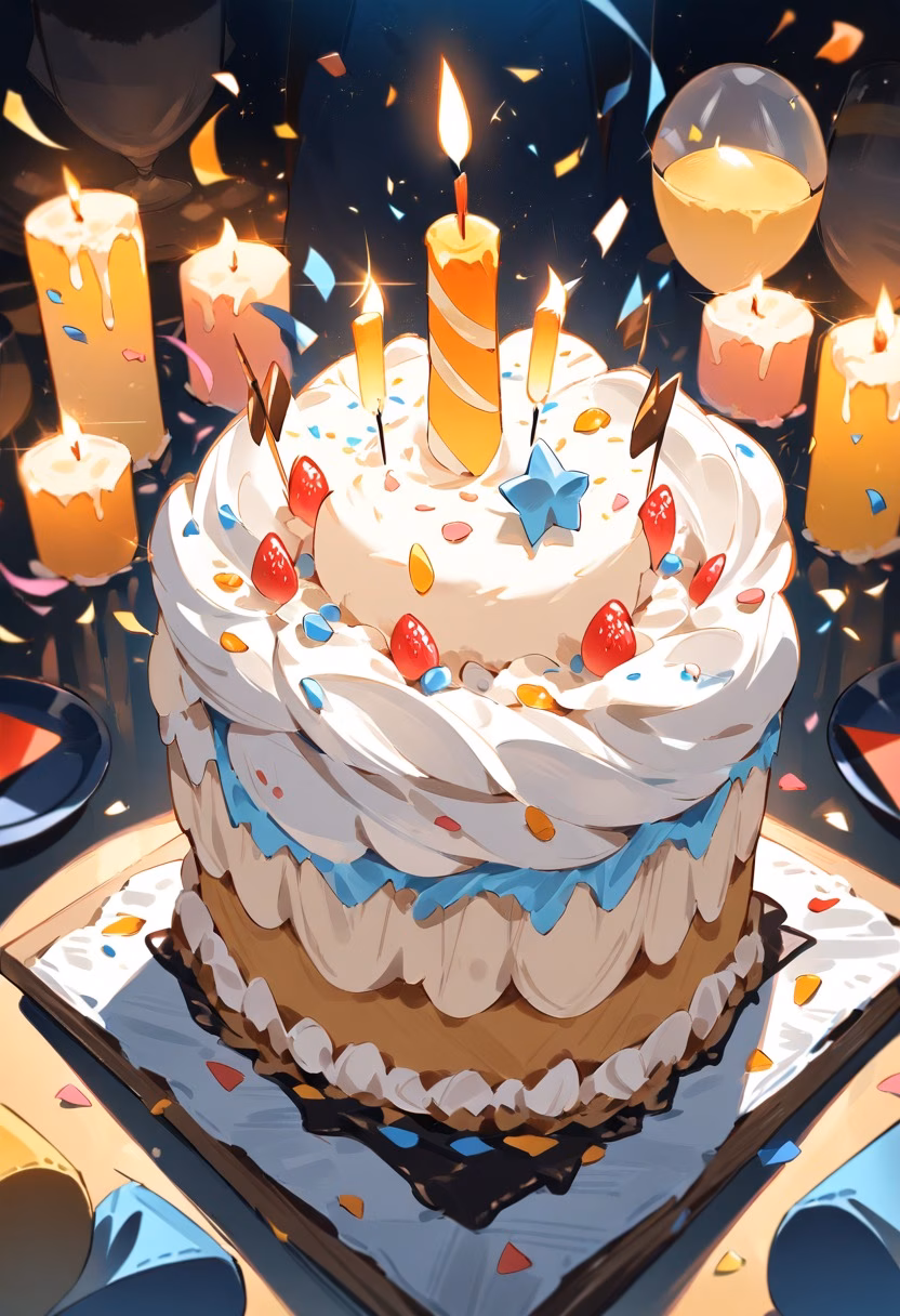 Birthday Cake with Candles — view 1 — birthday cake, layered frosting, lit candles, sprinkles, celebration, party table, detailed frosting texture, masterpiec