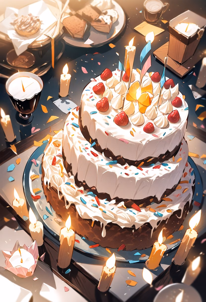 Birthday Cake with Candles — view 2 — birthday cake, layered frosting, lit candles, sprinkles, celebration, party table, detailed frosting texture, masterpiec