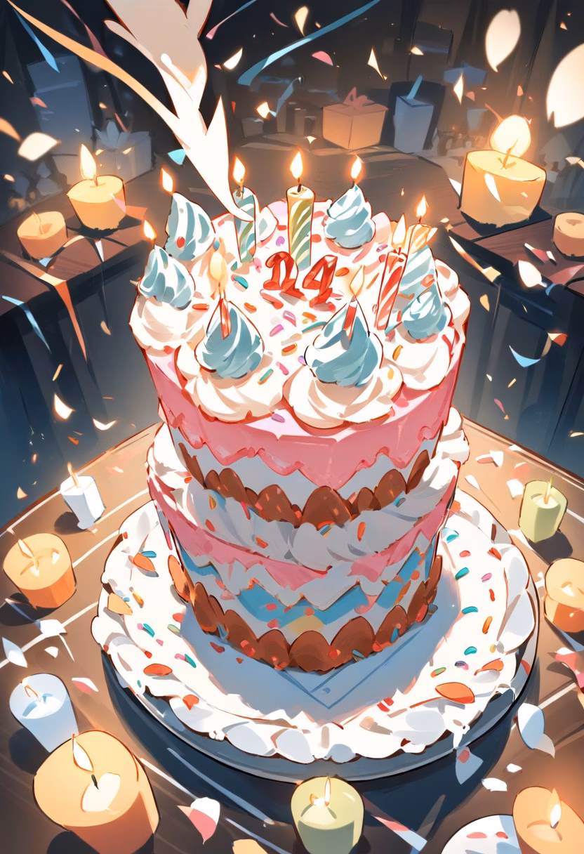 Birthday Cake with Candles — view 3 — birthday cake, layered frosting, lit candles, sprinkles, celebration, party table, detailed frosting texture, masterpiec