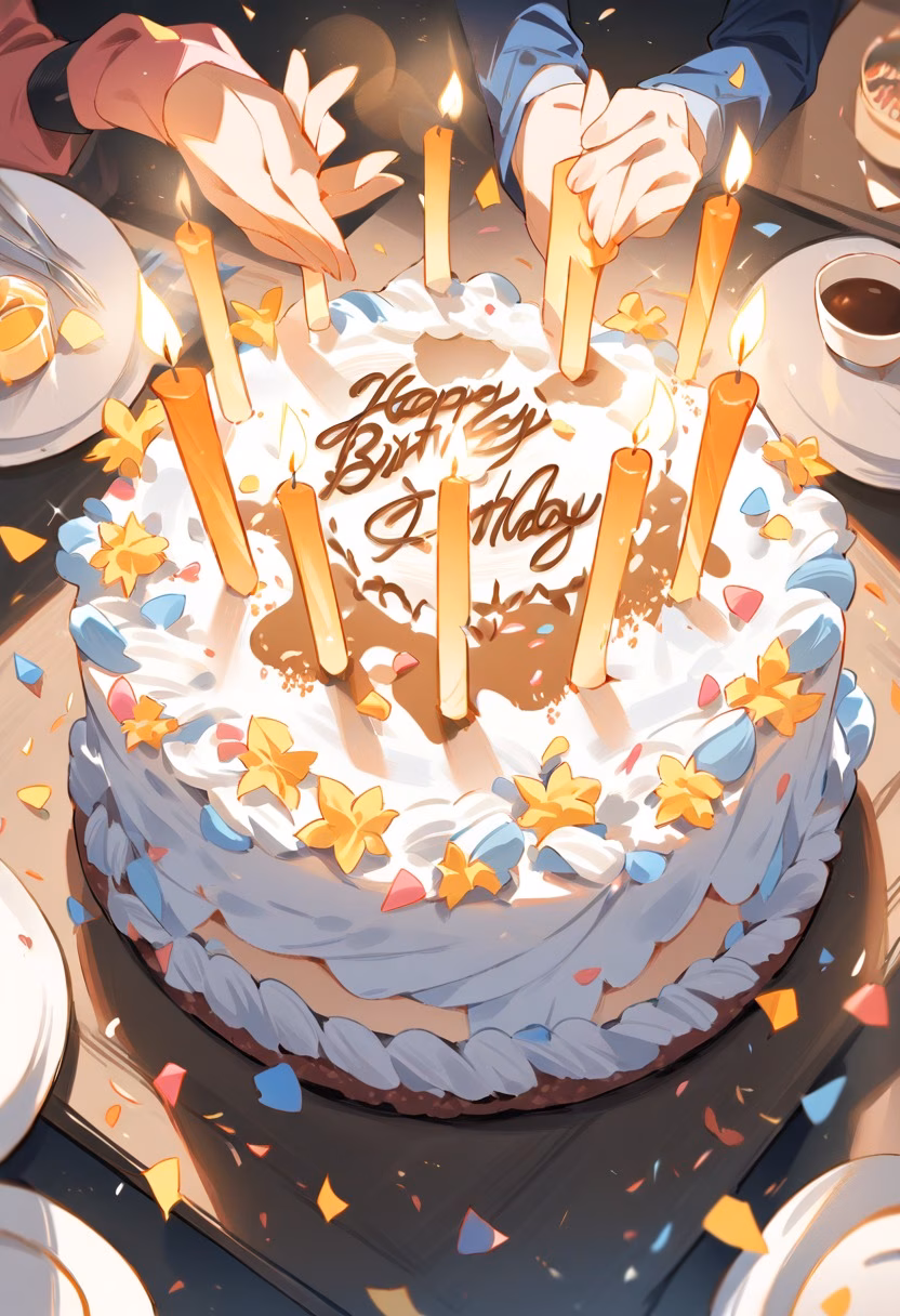 Birthday Cake with Candles — view 4 — birthday cake, layered frosting, lit candles, sprinkles, celebration, party table, detailed frosting texture, masterpiec
