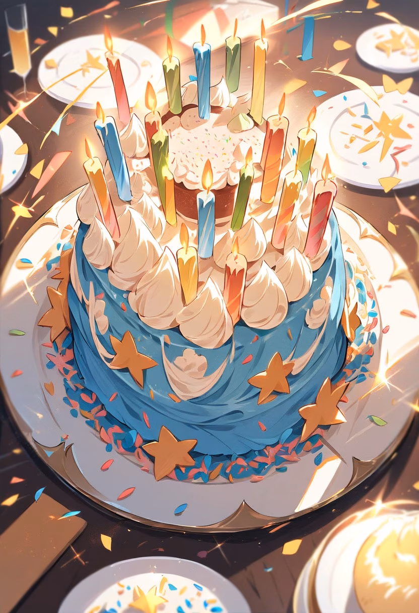 Birthday Cake with Candles — view 5 — birthday cake, layered frosting, lit candles, sprinkles, celebration, party table, detailed frosting texture, masterpiec