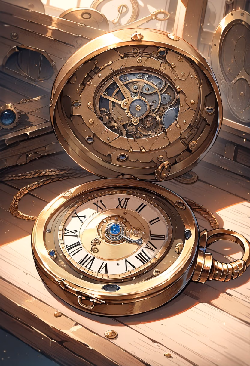 Antique Brass Pocket Watch — view 2 — antique pocket watch, brass gears visible, wooden table, soft light, vintage object, still life, detailed clockwork, mas