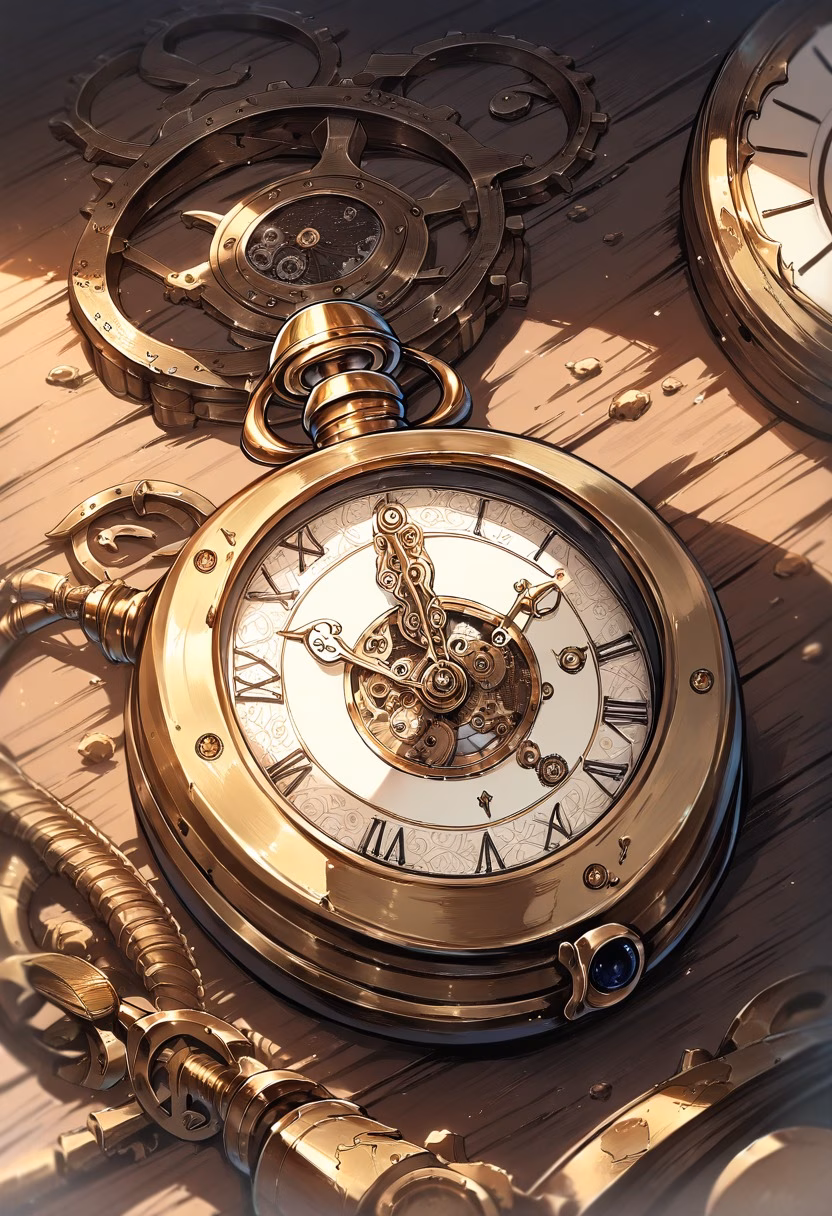 Antique Brass Pocket Watch — view 3 — antique pocket watch, brass gears visible, wooden table, soft light, vintage object, still life, detailed clockwork, mas