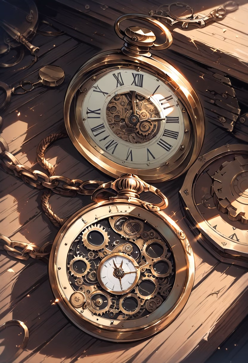 Antique Brass Pocket Watch — view 4 — antique pocket watch, brass gears visible, wooden table, soft light, vintage object, still life, detailed clockwork, mas