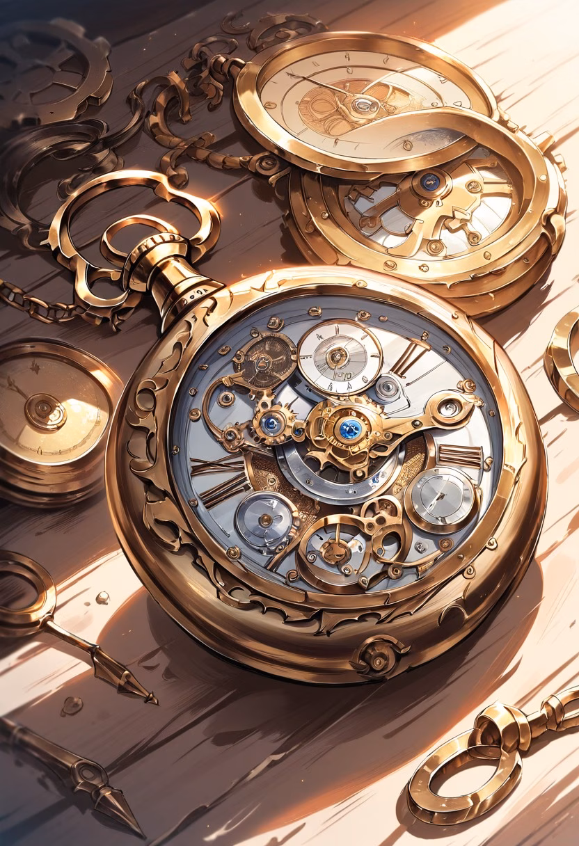 Antique Brass Pocket Watch — view 5 — antique pocket watch, brass gears visible, wooden table, soft light, vintage object, still life, detailed clockwork, mas
