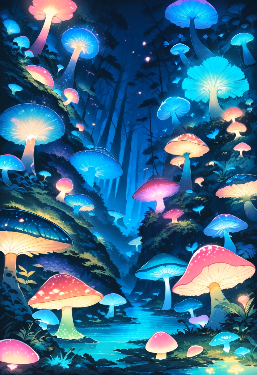 Bioluminescent Mushroom Forest — view 2 — glowing mushrooms, bioluminescent forest floor, night, blue and teal light, ferns, magical atmosphere, fungi, nature, de