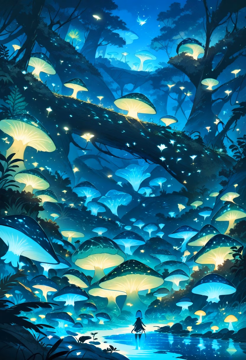 Bioluminescent Mushroom Forest — view 3 — glowing mushrooms, bioluminescent forest floor, night, blue and teal light, ferns, magical atmosphere, fungi, nature, de