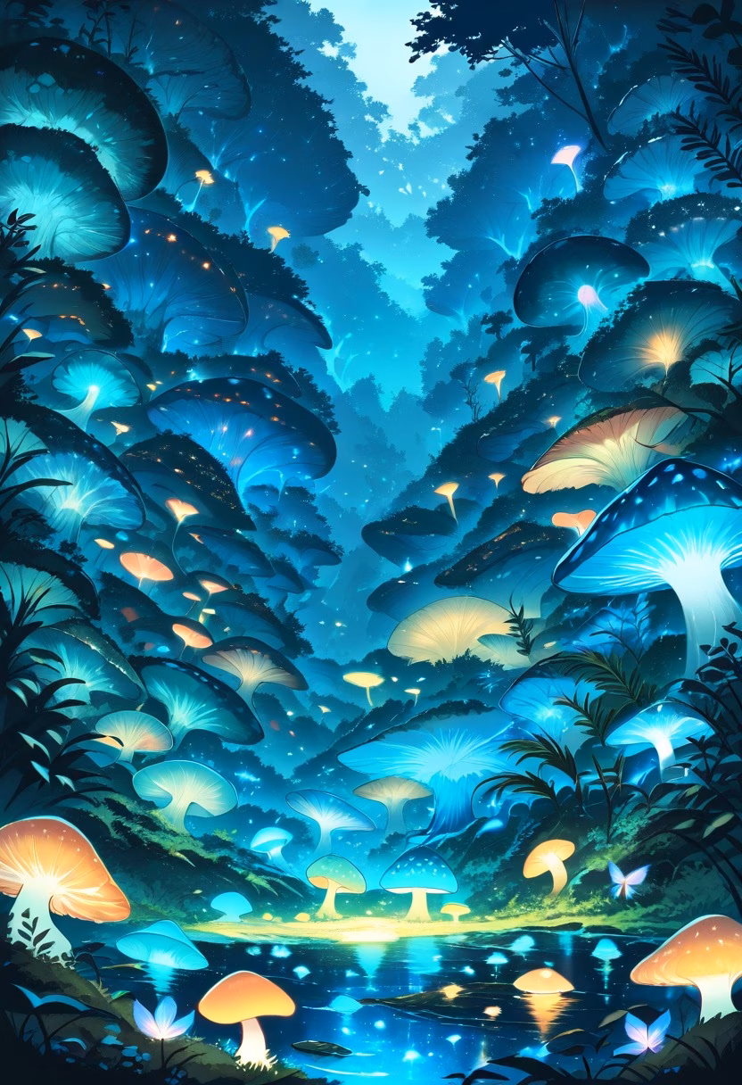 Bioluminescent Mushroom Forest — view 4 — glowing mushrooms, bioluminescent forest floor, night, blue and teal light, ferns, magical atmosphere, fungi, nature, de