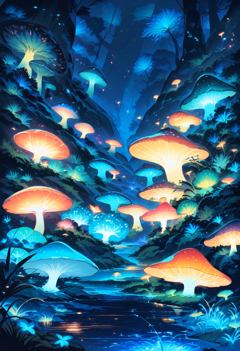 Bioluminescent Mushroom Forest — view 5 — glowing mushrooms, bioluminescent forest floor, night, blue and teal light, ferns, magical atmosphere, fungi, nature, de