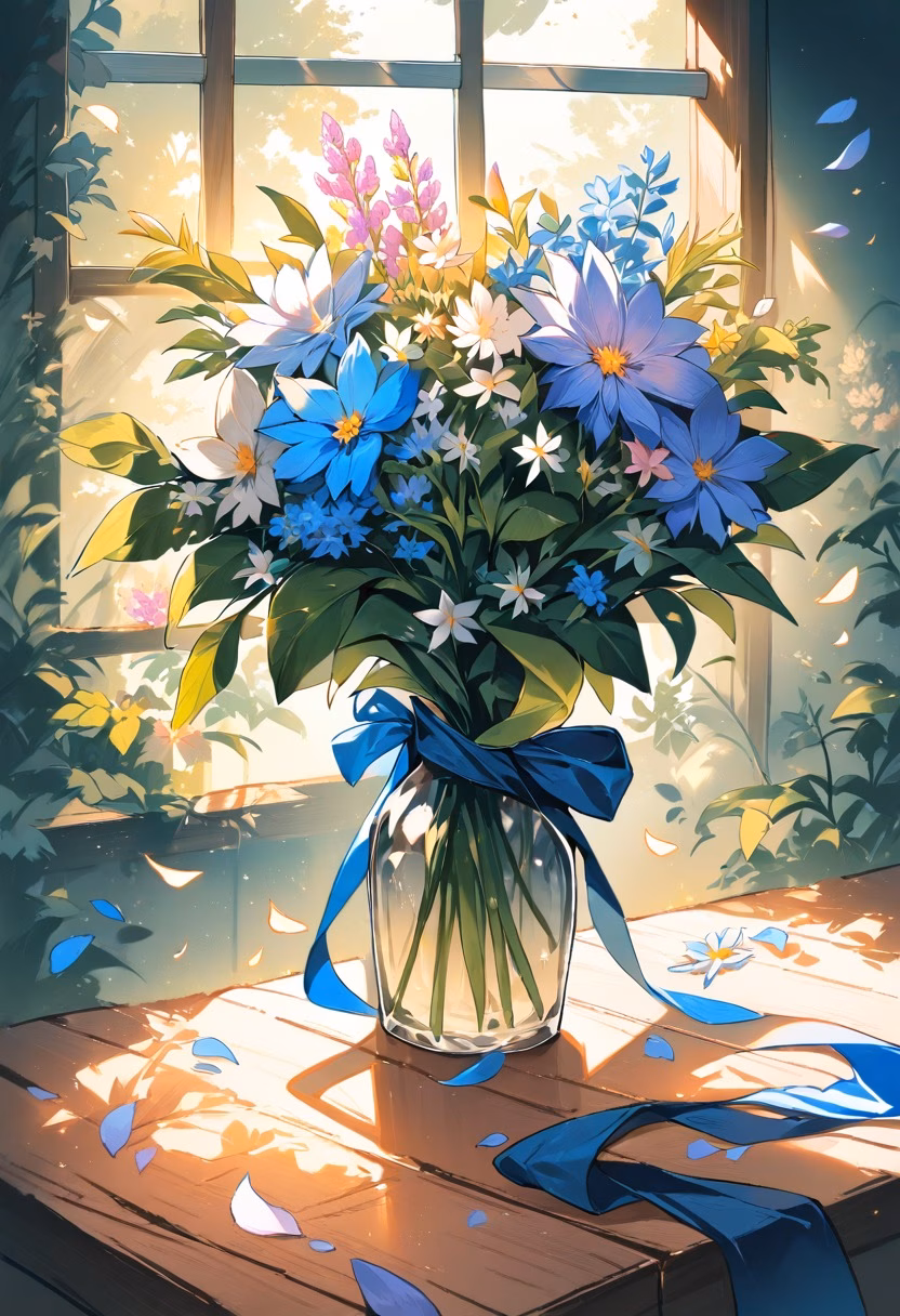 Wildflower Bouquet — view 1 — bouquet of wildflowers, tied with ribbon, wooden table, soft window light, still life, detailed petals, masterpiece, hig