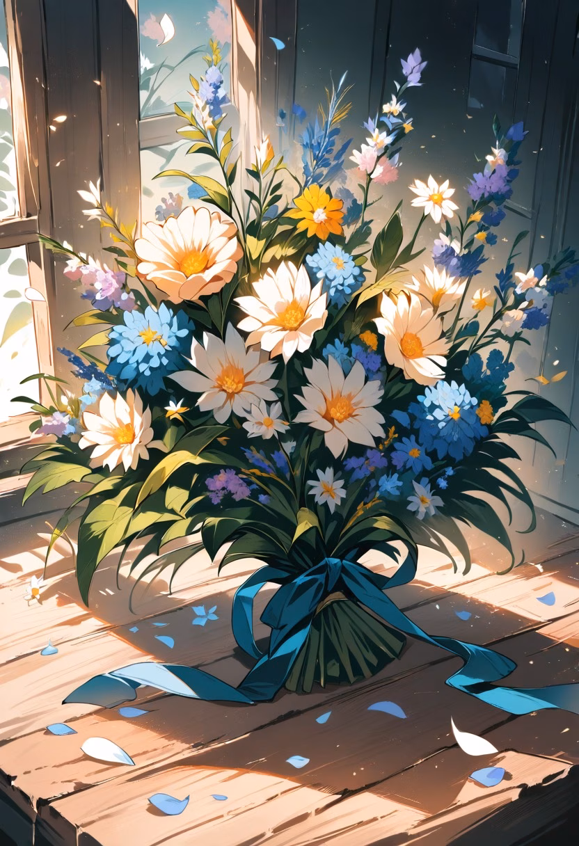 Wildflower Bouquet — view 2 — bouquet of wildflowers, tied with ribbon, wooden table, soft window light, still life, detailed petals, masterpiece, hig