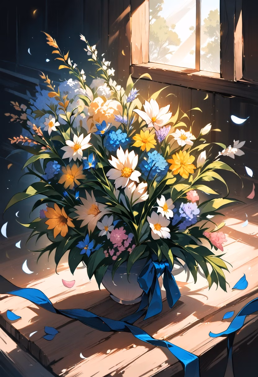 Wildflower Bouquet — view 3 — bouquet of wildflowers, tied with ribbon, wooden table, soft window light, still life, detailed petals, masterpiece, hig