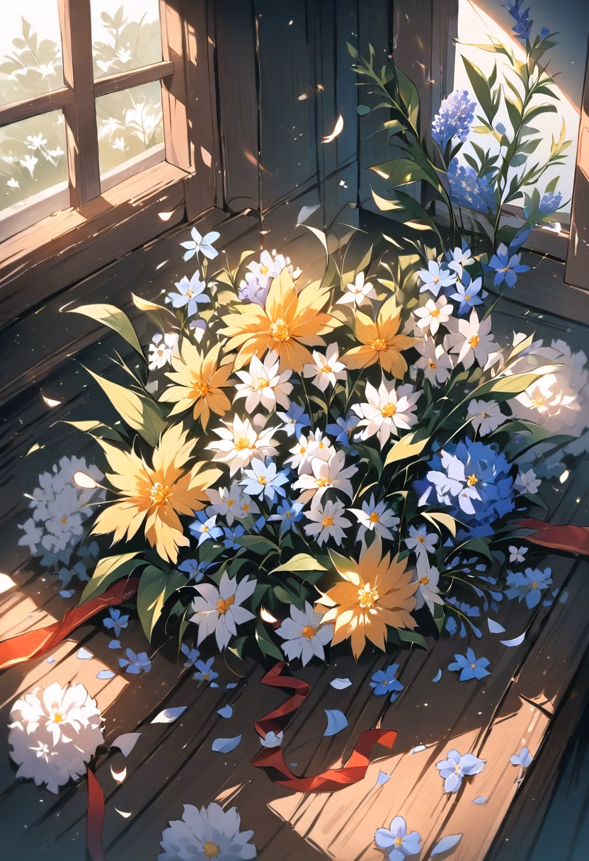Wildflower Bouquet — view 4 — bouquet of wildflowers, tied with ribbon, wooden table, soft window light, still life, detailed petals, masterpiece, hig