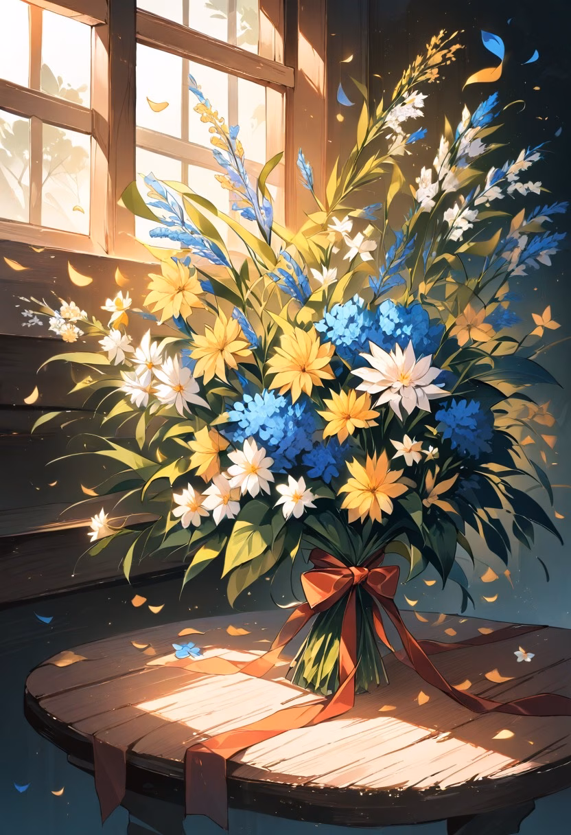 Wildflower Bouquet — view 5 — bouquet of wildflowers, tied with ribbon, wooden table, soft window light, still life, detailed petals, masterpiece, hig