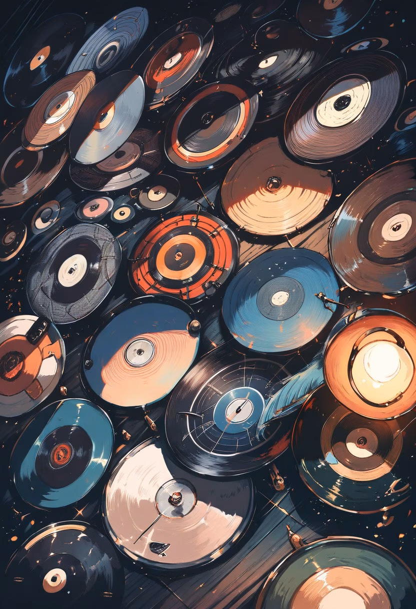 Retro Vinyl Collection — view 1 — stack of vinyl records, retro turntable, warm lamp light, music collection, nostalgic, detailed record grooves, masterpi