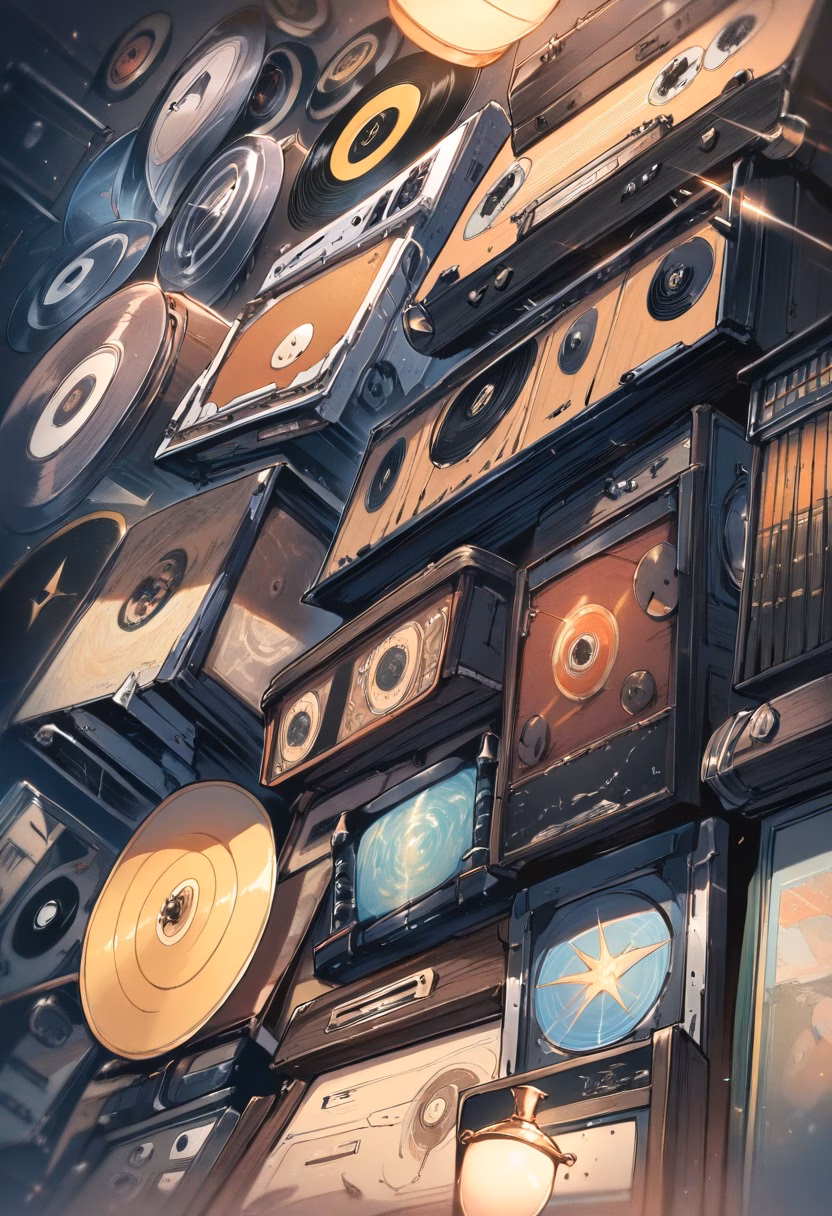 Retro Vinyl Collection — view 2 — stack of vinyl records, retro turntable, warm lamp light, music collection, nostalgic, detailed record grooves, masterpi