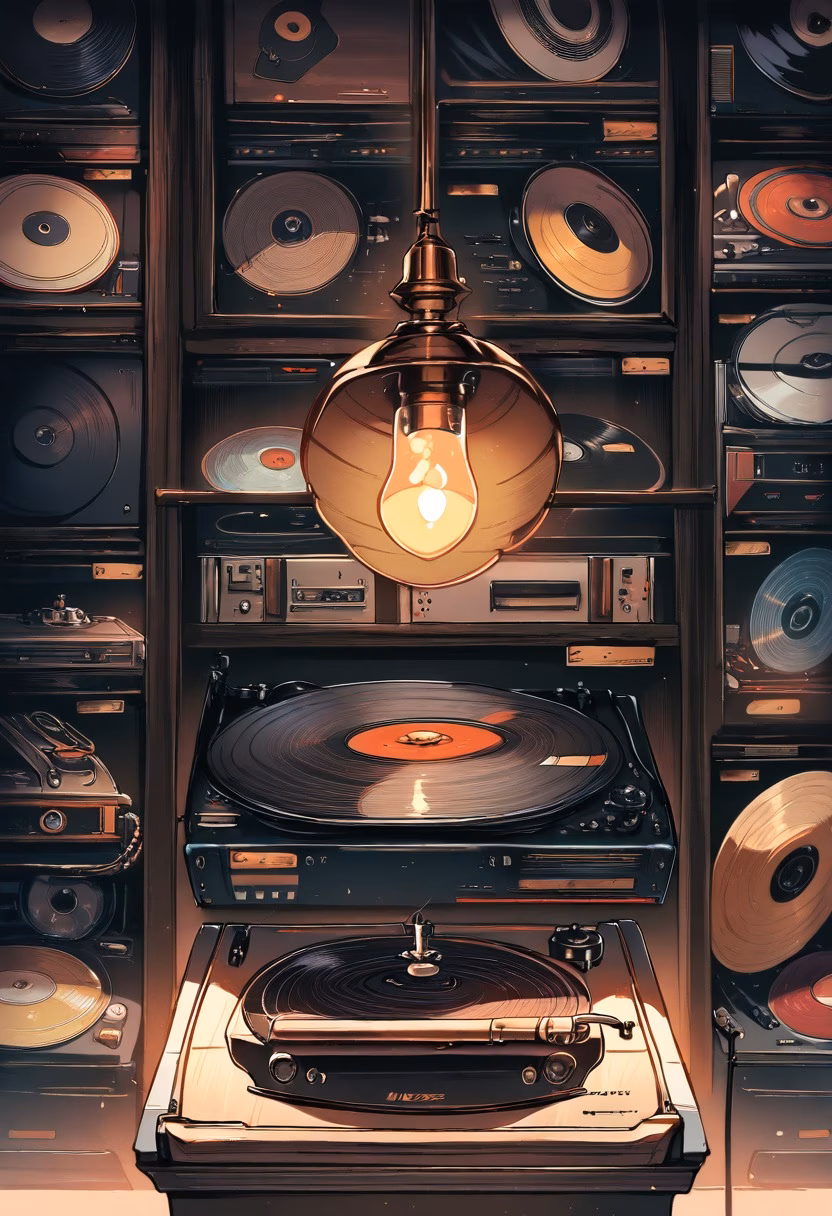 Retro Vinyl Collection — view 3 — stack of vinyl records, retro turntable, warm lamp light, music collection, nostalgic, detailed record grooves, masterpi