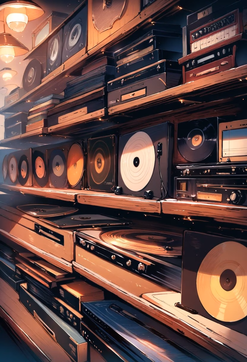 Retro Vinyl Collection — view 4 — stack of vinyl records, retro turntable, warm lamp light, music collection, nostalgic, detailed record grooves, masterpi