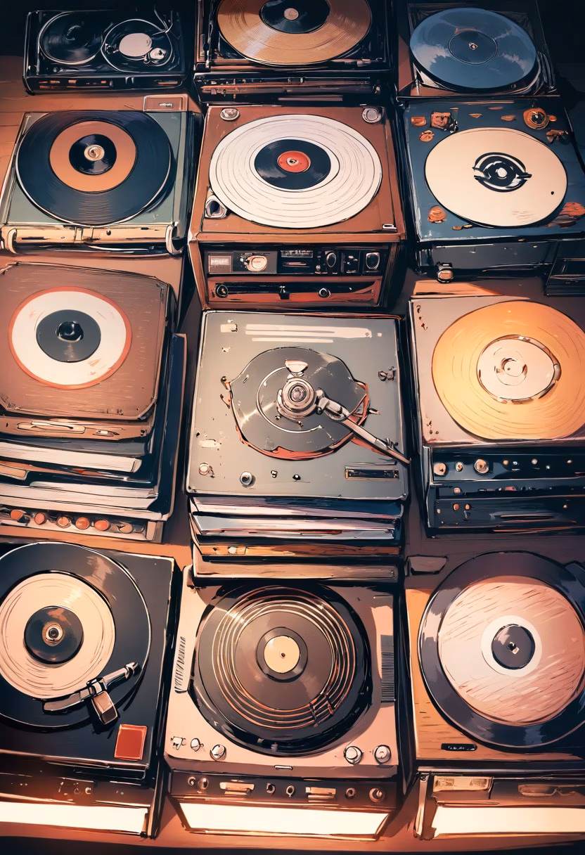 Retro Vinyl Collection — view 5 — stack of vinyl records, retro turntable, warm lamp light, music collection, nostalgic, detailed record grooves, masterpi