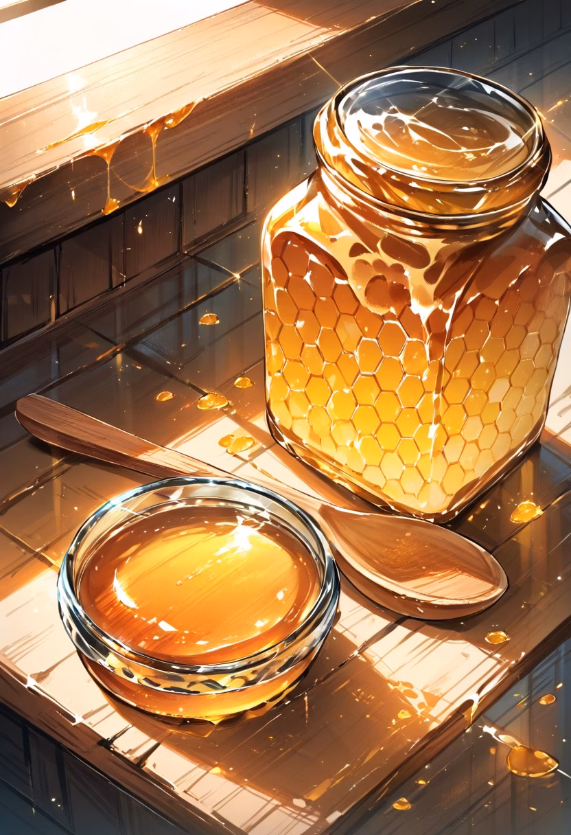 Golden Honey Jar — view 1 — glass jar of honey, honeycomb, wooden spoon, sunlight, kitchen counter, still life, detailed honey texture, masterpiece,