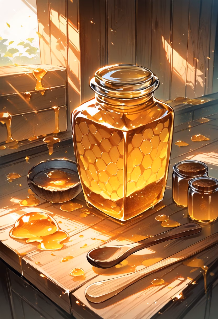 Golden Honey Jar — view 2 — glass jar of honey, honeycomb, wooden spoon, sunlight, kitchen counter, still life, detailed honey texture, masterpiece,