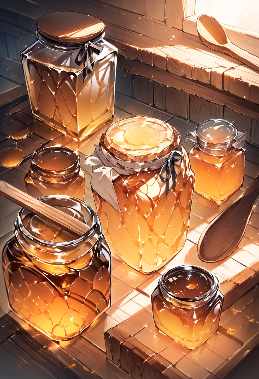 Golden Honey Jar — view 3 — glass jar of honey, honeycomb, wooden spoon, sunlight, kitchen counter, still life, detailed honey texture, masterpiece,
