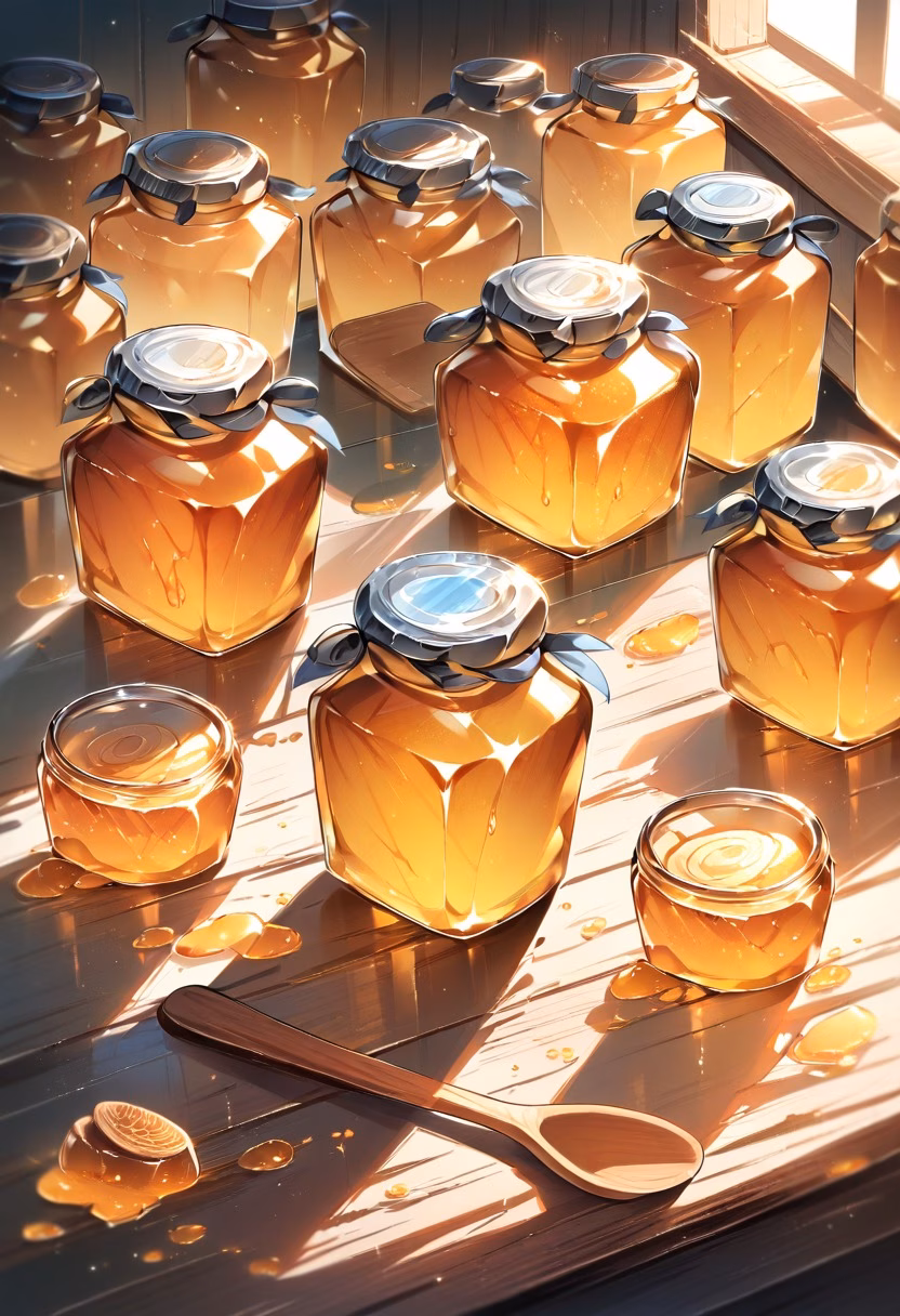 Golden Honey Jar — view 4 — glass jar of honey, honeycomb, wooden spoon, sunlight, kitchen counter, still life, detailed honey texture, masterpiece,