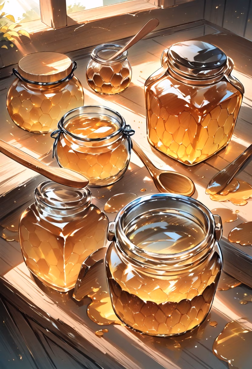 Golden Honey Jar — view 5 — glass jar of honey, honeycomb, wooden spoon, sunlight, kitchen counter, still life, detailed honey texture, masterpiece,