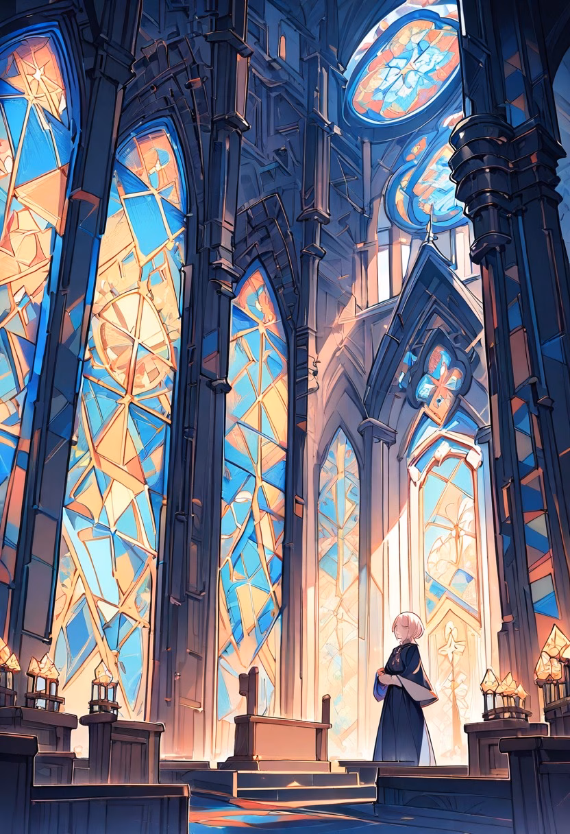 Colorful Stained Glass — view 1 — stained glass window art, geometric pattern, colorful light rays, church interior, detailed glass segments, masterpiece,