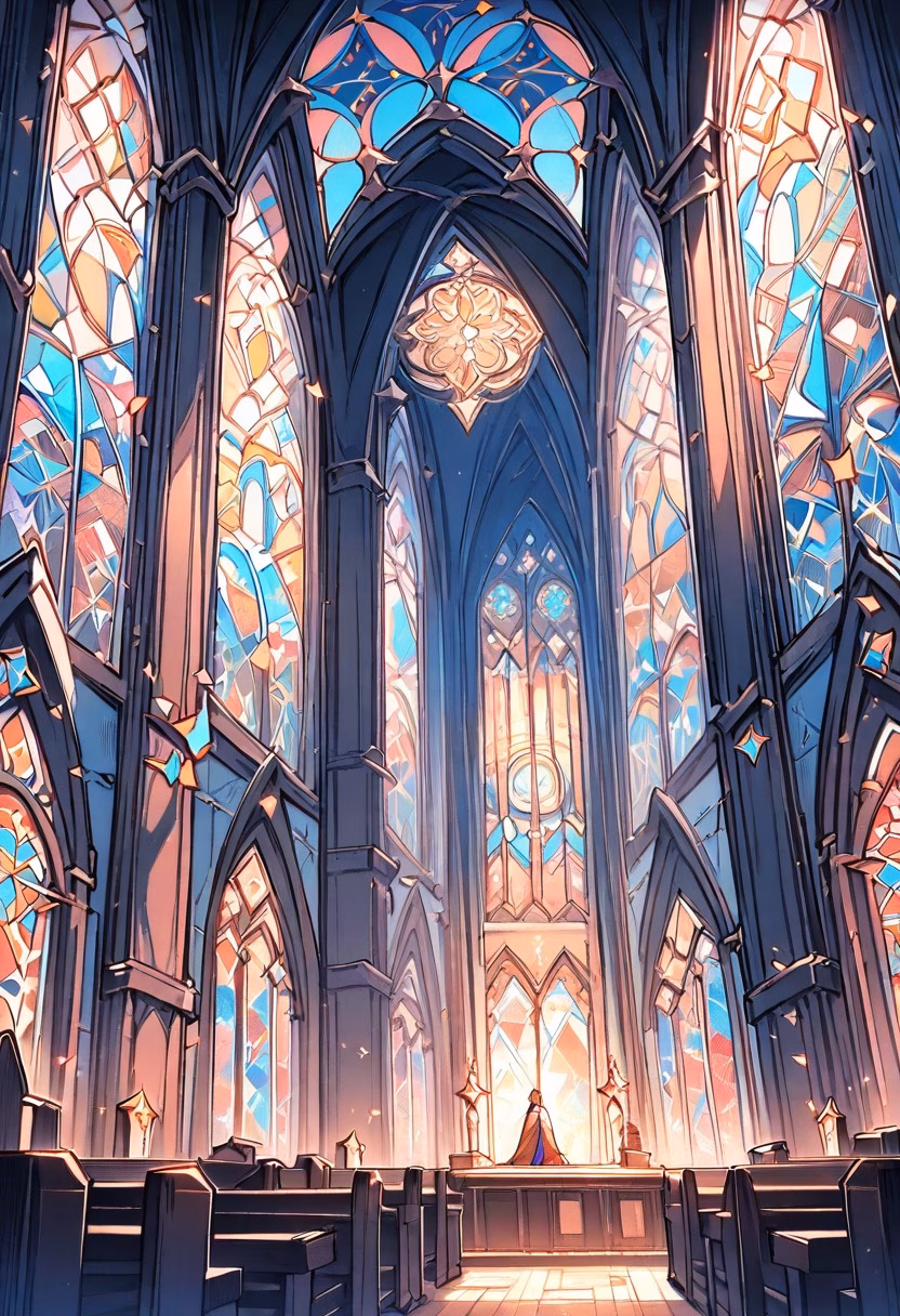 Colorful Stained Glass — view 2 — stained glass window art, geometric pattern, colorful light rays, church interior, detailed glass segments, masterpiece,