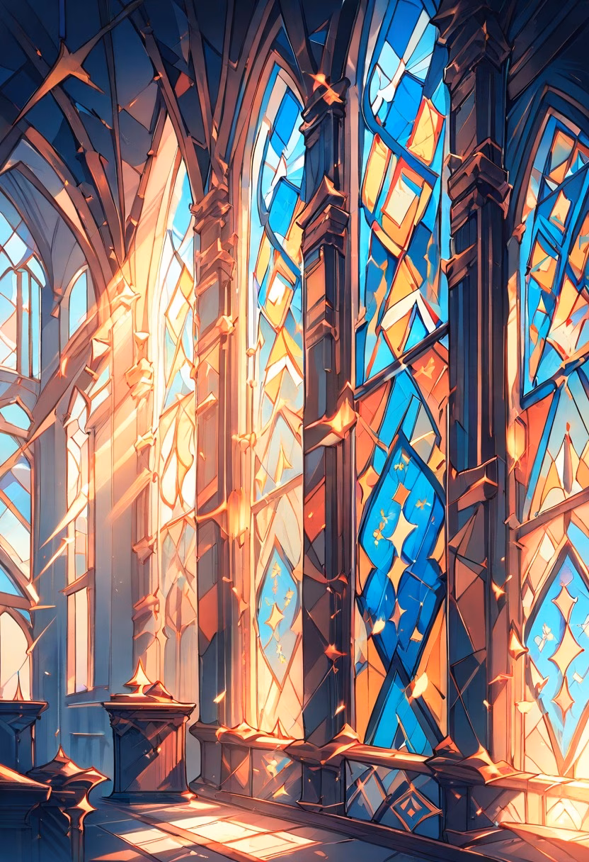 Colorful Stained Glass — view 3 — stained glass window art, geometric pattern, colorful light rays, church interior, detailed glass segments, masterpiece,