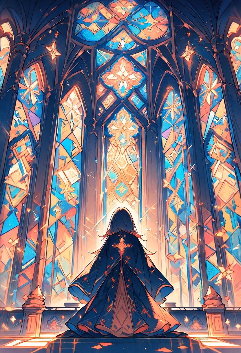 Colorful Stained Glass — view 4 — stained glass window art, geometric pattern, colorful light rays, church interior, detailed glass segments, masterpiece,