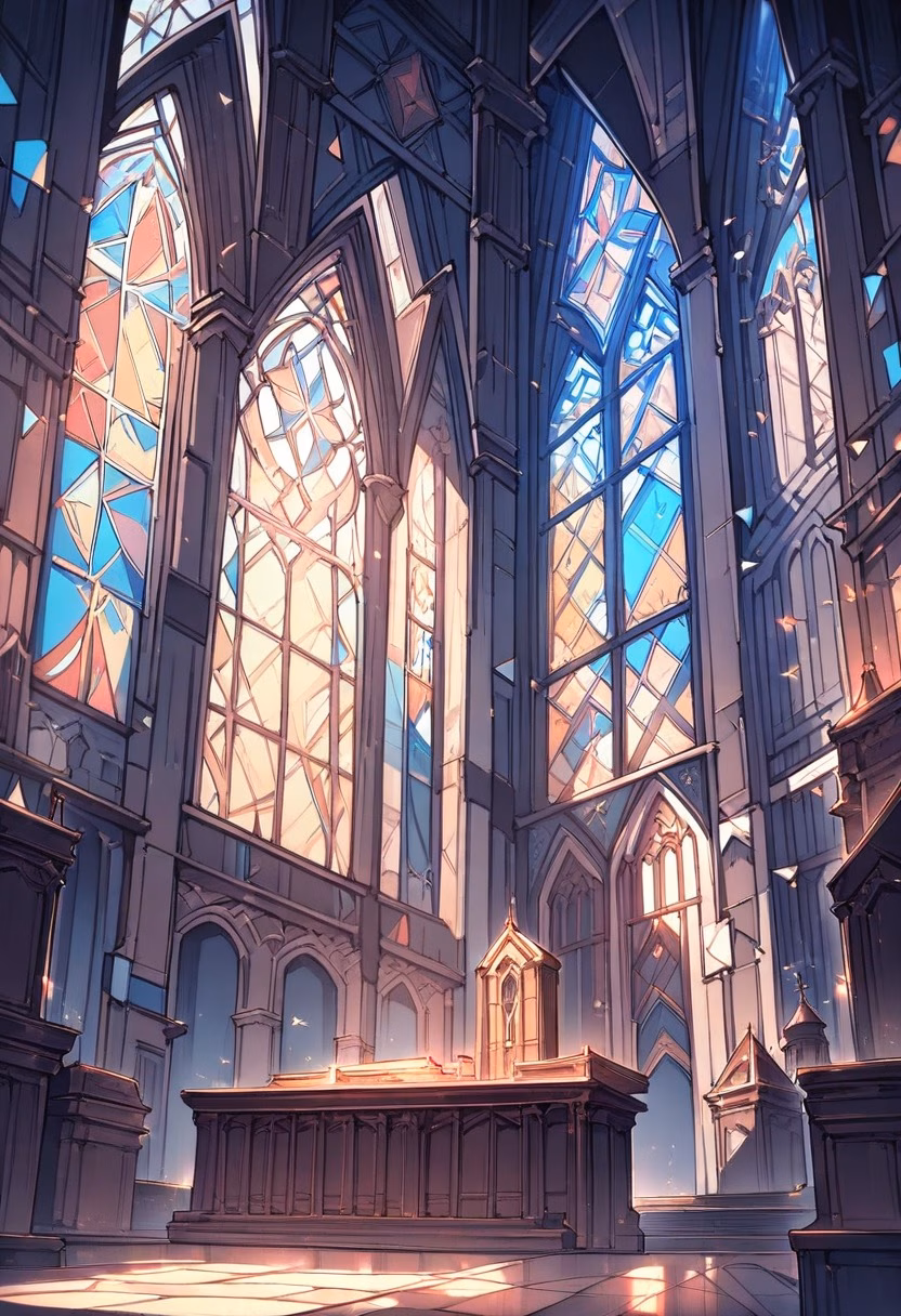 Colorful Stained Glass — view 5 — stained glass window art, geometric pattern, colorful light rays, church interior, detailed glass segments, masterpiece,