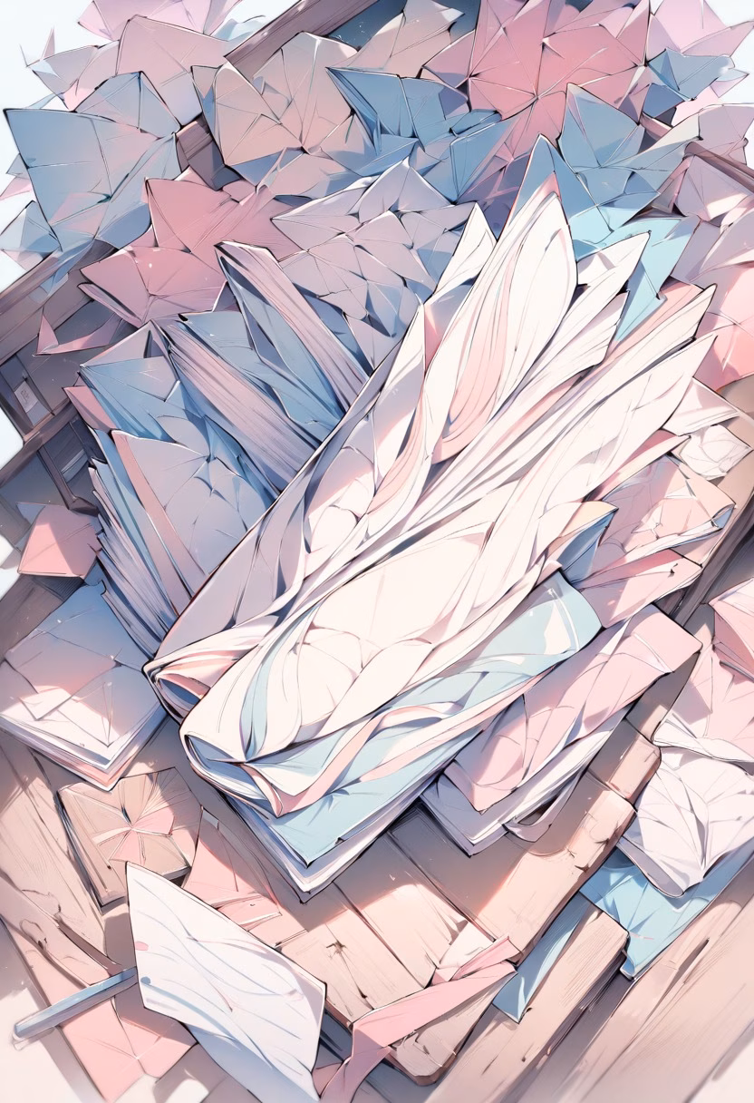 Origami Crane Collection — view 1 — origami crane collection, folded paper, pastel colors, wooden desk, delicate art, detailed paper folds, masterpiece, hig
