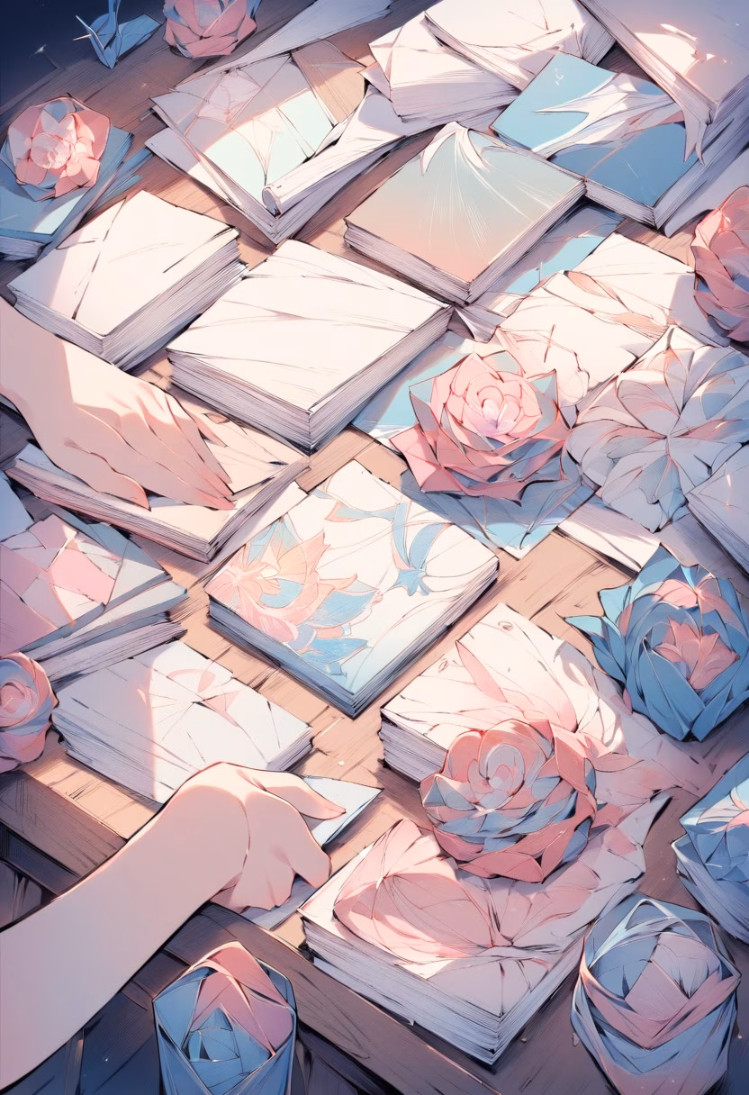 Origami Crane Collection — view 2 — origami crane collection, folded paper, pastel colors, wooden desk, delicate art, detailed paper folds, masterpiece, hig