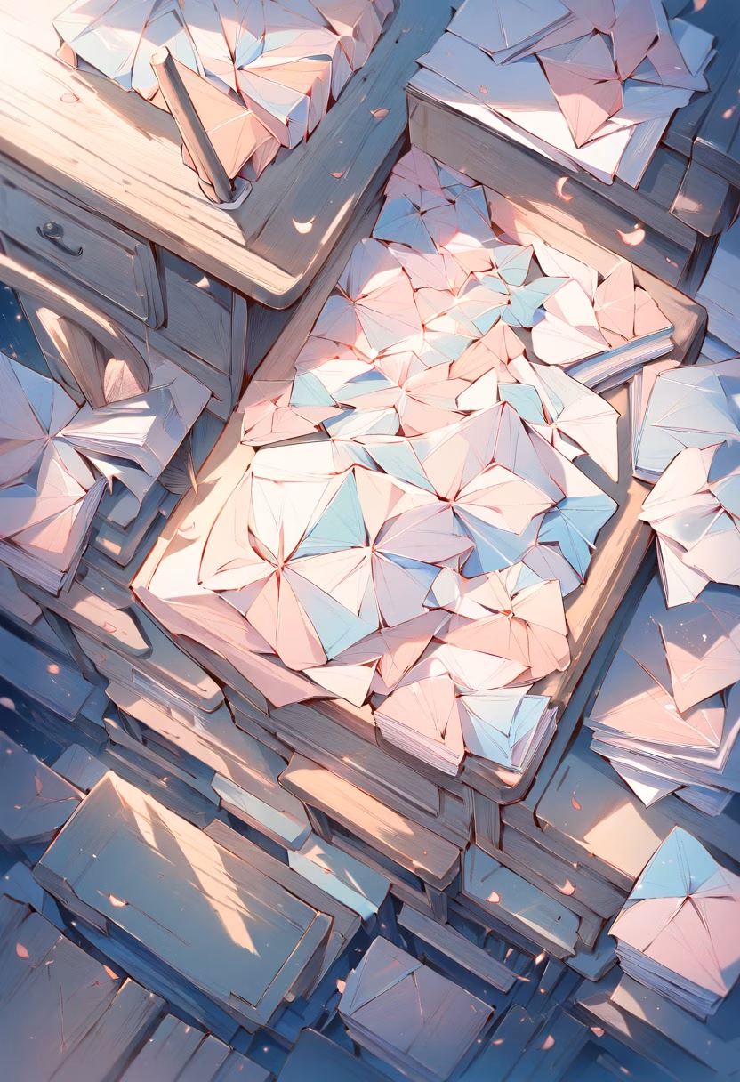 Origami Crane Collection — view 4 — origami crane collection, folded paper, pastel colors, wooden desk, delicate art, detailed paper folds, masterpiece, hig