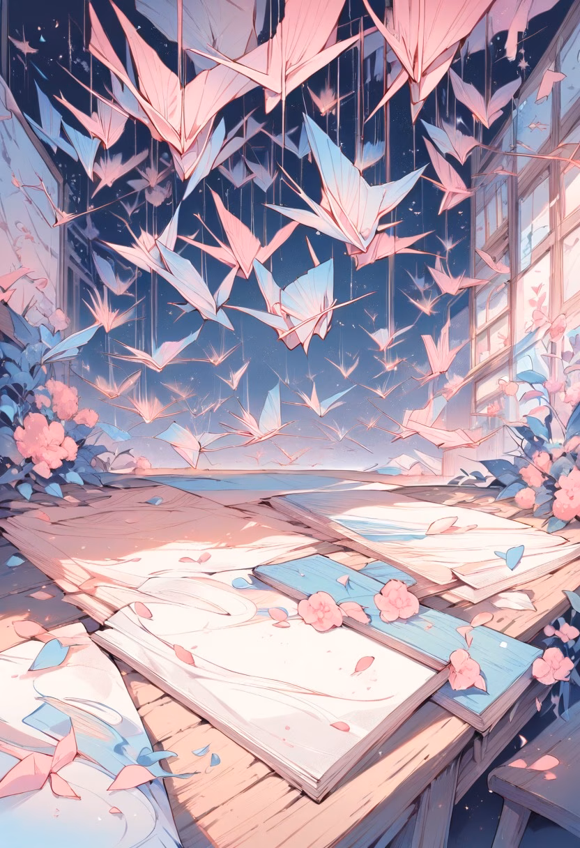 Origami Crane Collection — view 5 — origami crane collection, folded paper, pastel colors, wooden desk, delicate art, detailed paper folds, masterpiece, hig