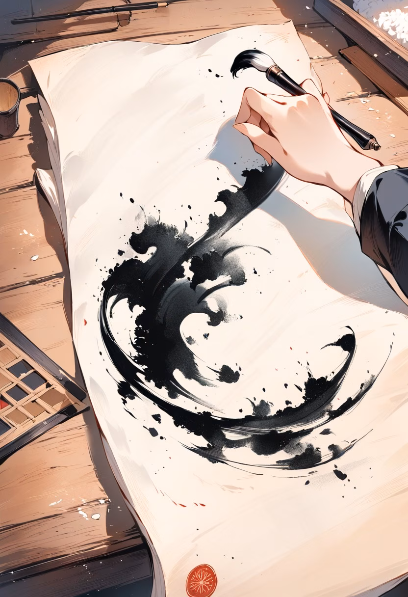 Ink Calligraphy Art — view 1 — ink calligraphy brush, rice paper, black ink strokes, traditional art, wooden desk, detailed brush texture, masterpiece,