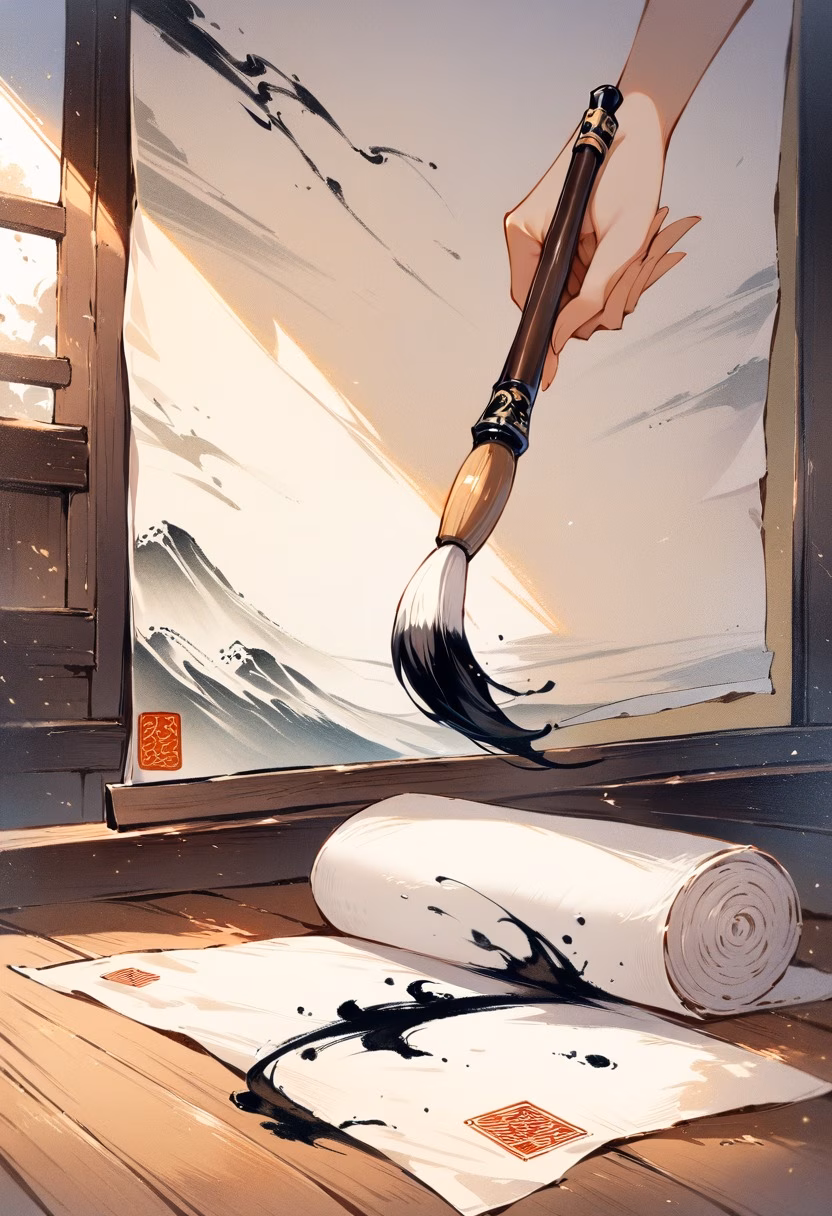 Ink Calligraphy Art — view 2 — ink calligraphy brush, rice paper, black ink strokes, traditional art, wooden desk, detailed brush texture, masterpiece,
