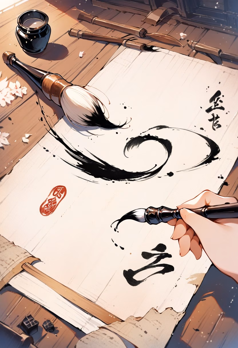 Ink Calligraphy Art — view 3 — ink calligraphy brush, rice paper, black ink strokes, traditional art, wooden desk, detailed brush texture, masterpiece,