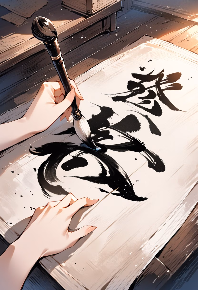 Ink Calligraphy Art — view 4 — ink calligraphy brush, rice paper, black ink strokes, traditional art, wooden desk, detailed brush texture, masterpiece,