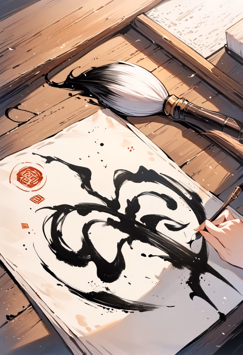 Ink Calligraphy Art — view 5 — ink calligraphy brush, rice paper, black ink strokes, traditional art, wooden desk, detailed brush texture, masterpiece,