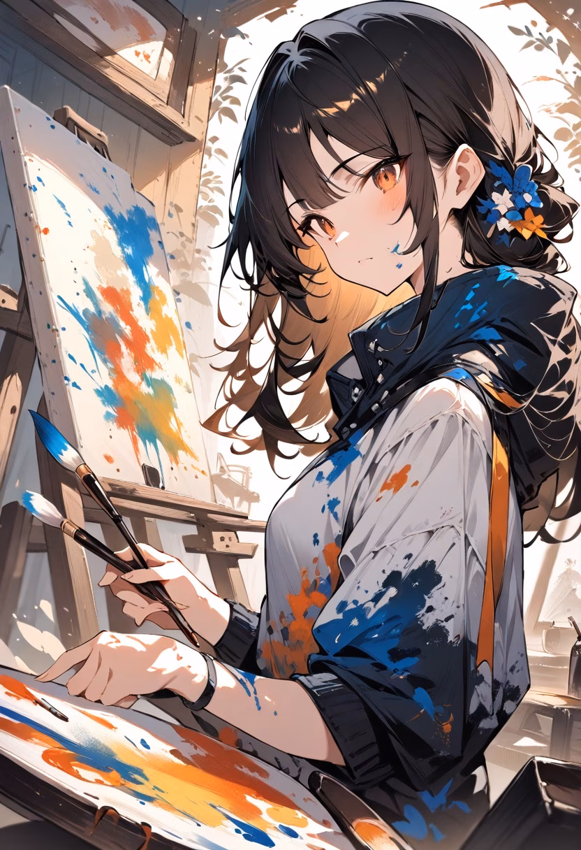 Painter's Palette — view 2 — painter's palette, mixed oil colors, brushes, canvas in background, art studio, detailed paint texture, masterpiece, hig