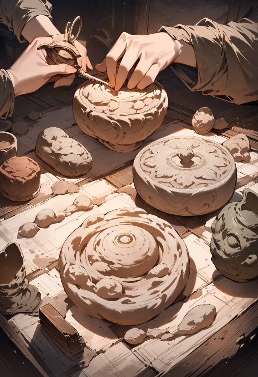 Pottery Wheel Craft — view 1 — pottery wheel, clay forming, artisan hands, studio setting, earthy tones, craft, detailed clay texture, masterpiece, hig