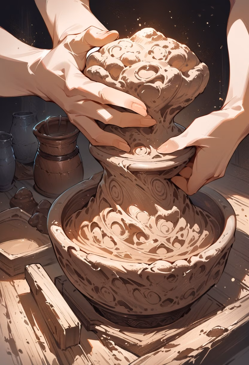 Pottery Wheel Craft — view 2 — pottery wheel, clay forming, artisan hands, studio setting, earthy tones, craft, detailed clay texture, masterpiece, hig