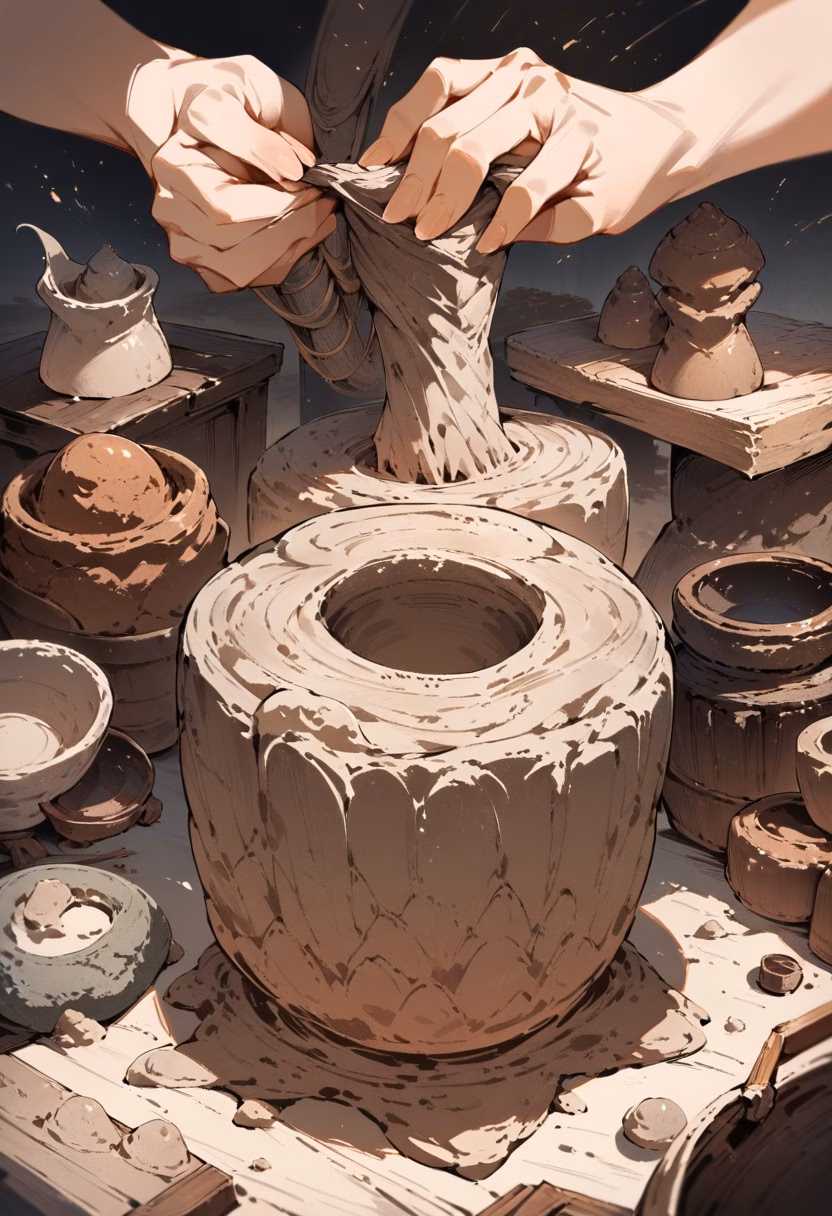 Pottery Wheel Craft — view 3 — pottery wheel, clay forming, artisan hands, studio setting, earthy tones, craft, detailed clay texture, masterpiece, hig