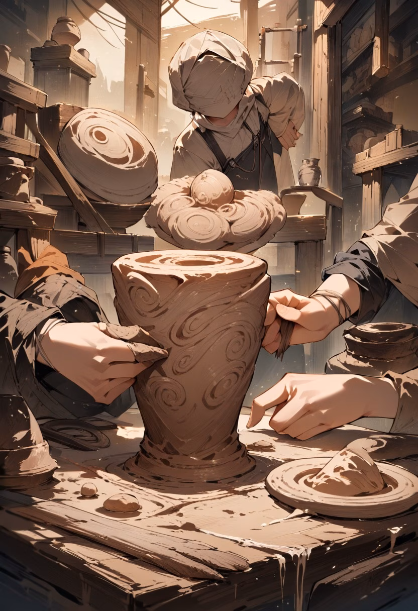 Pottery Wheel Craft — view 4 — pottery wheel, clay forming, artisan hands, studio setting, earthy tones, craft, detailed clay texture, masterpiece, hig