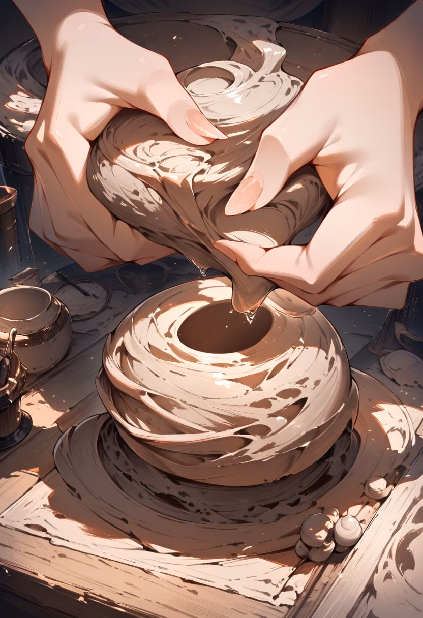 Pottery Wheel Craft — view 5 — pottery wheel, clay forming, artisan hands, studio setting, earthy tones, craft, detailed clay texture, masterpiece, hig